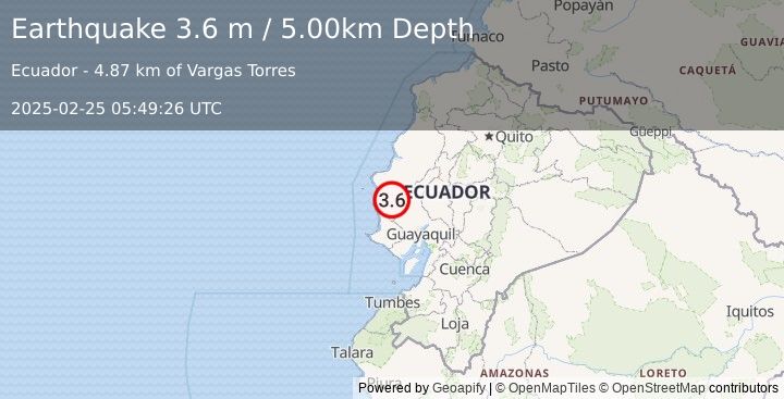 Earthquake NEAR COAST OF ECUADOR (3.6 m) (2025-02-25 05:49:26 UTC)