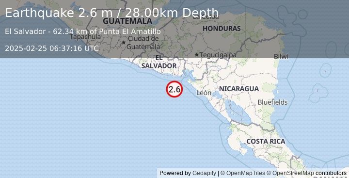 Earthquake OFFSHORE EL SALVADOR (2.6 m) (2025-02-25 06:37:16 UTC)