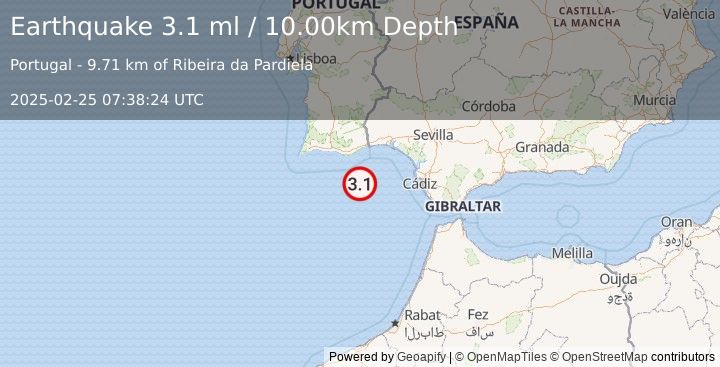 Earthquake STRAIT OF GIBRALTAR (2.8 ml) (2025-02-25 07:38:23 UTC)