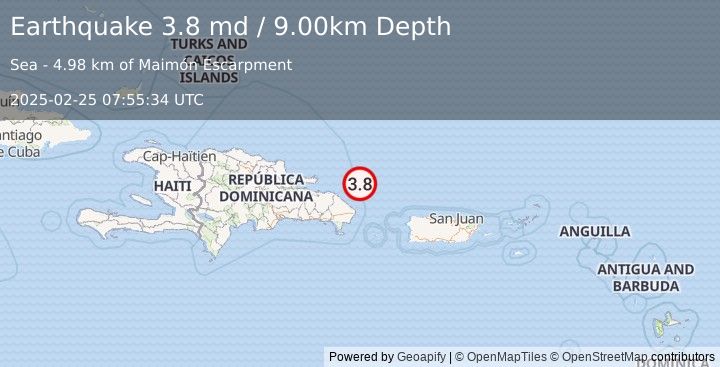 Earthquake DOMINICAN REPUBLIC REGION (3.8 md) (2025-02-25 07:55:34 UTC)