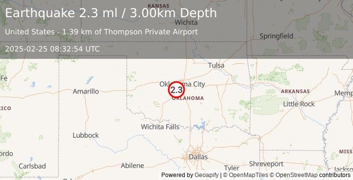 Earthquake OKLAHOMA (2.3 ml) (2025-02-25 08:32:54 UTC)