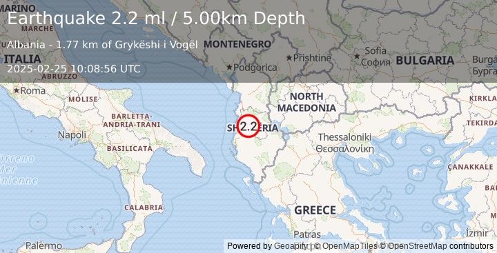 Earthquake ALBANIA (2.2 ml) (2025-02-25 10:08:56 UTC)