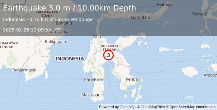 Earthquake SULAWESI, INDONESIA (3.0 m) (2025-02-25 10:09:58 UTC)