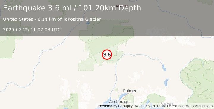 Earthquake CENTRAL ALASKA (3.6 ml) (2025-02-25 11:07:03 UTC)