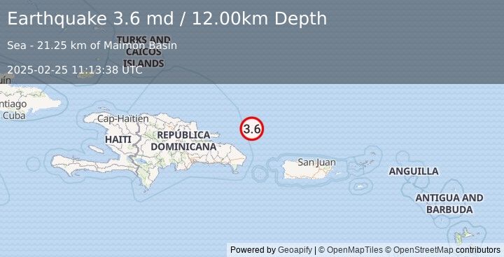 Earthquake DOMINICAN REPUBLIC REGION (3.6 md) (2025-02-25 11:13:38 UTC)