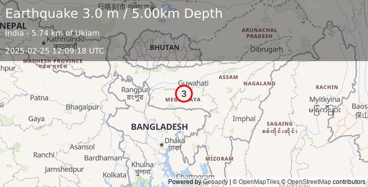 Earthquake MEGHALAYA, INDIA REGION (3.0 m) (2025-02-25 12:09:18 UTC)