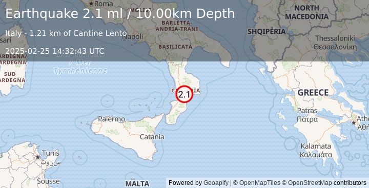 Earthquake SOUTHERN ITALY (2.1 ml) (2025-02-25 14:32:43 UTC)