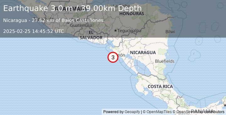 Earthquake NEAR COAST OF NICARAGUA (3.0 m) (2025-02-25 14:45:52 UTC)