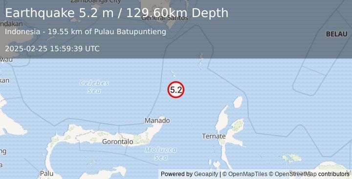 Earthquake KEPULAUAN SANGIHE, INDONESIA (4.9 mb) (2025-02-25 15:59:38 UTC)