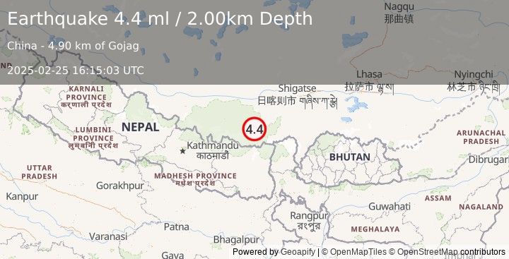 Earthquake WESTERN XIZANG (4.3 ml) (2025-02-25 16:15:00 UTC)