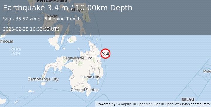 Earthquake MINDANAO, PHILIPPINES (3.4 m) (2025-02-25 16:32:53 UTC)