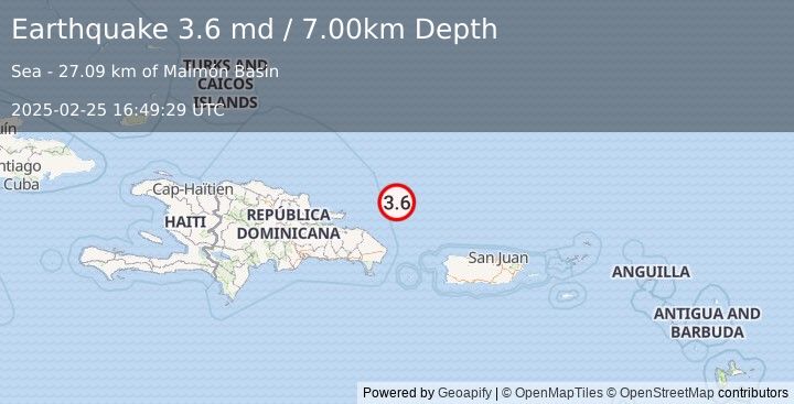 Earthquake DOMINICAN REPUBLIC REGION (3.6 md) (2025-02-25 16:49:29 UTC)