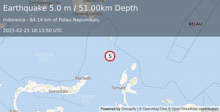 Earthquake KEPULAUAN TALAUD, INDONESIA (5.0 m) (2025-02-25 18:13:50 UTC)