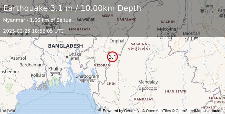 Earthquake MYANMAR-INDIA BORDER REGION (3.1 m) (2025-02-25 18:56:05 UTC)