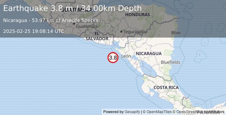 Earthquake NEAR COAST OF NICARAGUA (3.8 m) (2025-02-25 19:08:14 UTC)