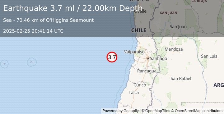 Earthquake OFF COAST OF VALPARAISO, CHILE (3.7 ml) (2025-02-25 20:41:14 UTC)