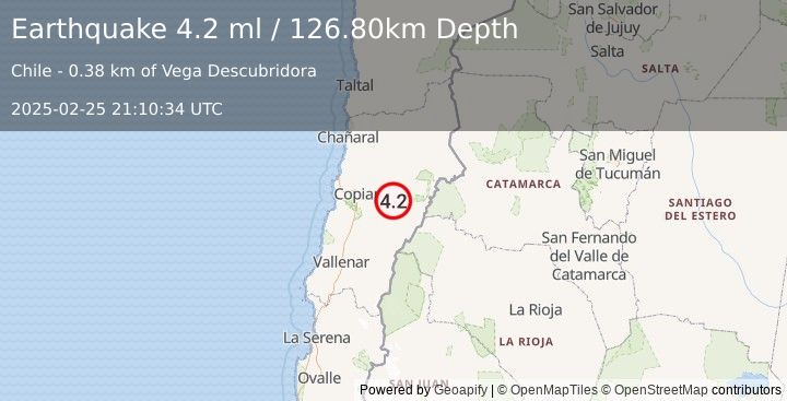 Earthquake ATACAMA, CHILE (4.5 m) (2025-02-25 21:10:35 UTC)