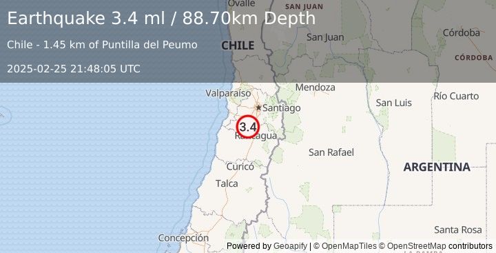 Earthquake REGION METROPOLITANA, CHILE (3.4 ml) (2025-02-25 21:48:05 UTC)