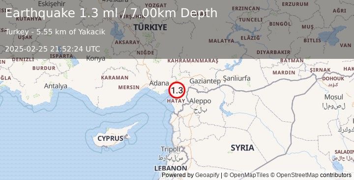 Earthquake TURKEY-SYRIA BORDER REGION (1.3 ml) (2025-02-25 21:52:24 UTC)