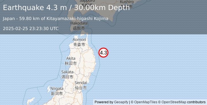 Earthquake NEAR EAST COAST OF HONSHU, JAPAN (4.3 m) (2025-02-25 23:23:30 UTC)