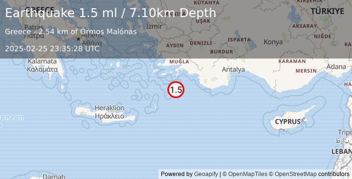 Earthquake DODECANESE IS.-TURKEY BORDER REG (1.5 ml) (2025-02-25 23:35:28 UTC)