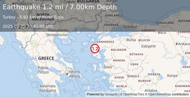 Earthquake NEAR THE COAST OF WESTERN TURKEY (1.2 ml) (2025-02-25 23:41:05 UTC)