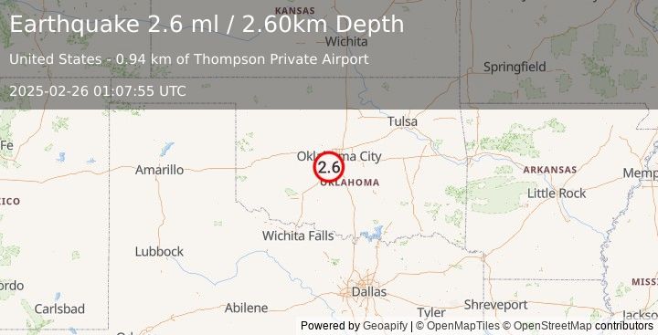 Earthquake OKLAHOMA (2.6 ml) (2025-02-26 01:07:55 UTC)