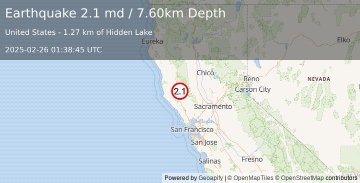 Earthquake NORTHERN CALIFORNIA (2.1 md) (2025-02-26 01:38:45 UTC)