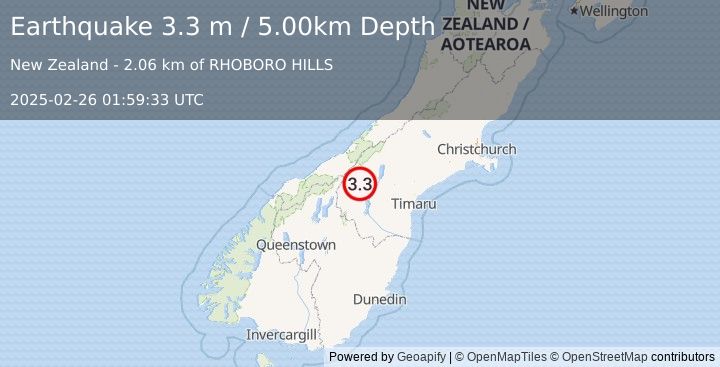 Earthquake SOUTH ISLAND OF NEW ZEALAND (3.3 m) (2025-02-26 01:59:33 UTC)