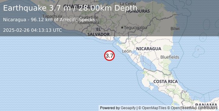 Earthquake NEAR COAST OF NICARAGUA (3.7 m) (2025-02-26 04:13:13 UTC)