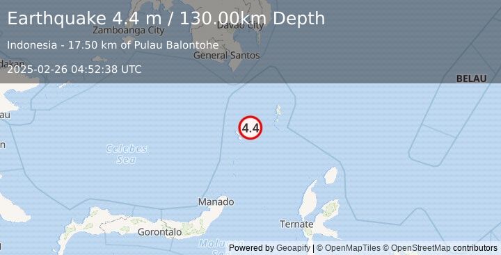 Earthquake KEPULAUAN SANGIHE, INDONESIA (4.4 m) (2025-02-26 04:52:38 UTC)