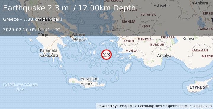 Earthquake DODECANESE ISLANDS, GREECE (2.3 ml) (2025-02-26 05:12:41 UTC)