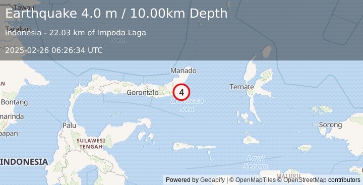 Earthquake MINAHASA, SULAWESI, INDONESIA (4.0 m) (2025-02-26 06:26:34 UTC)