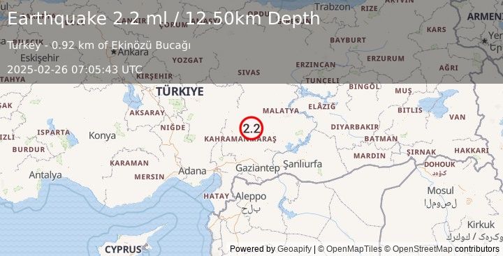 Earthquake CENTRAL TURKEY (2.2 ml) (2025-02-26 07:05:43 UTC)