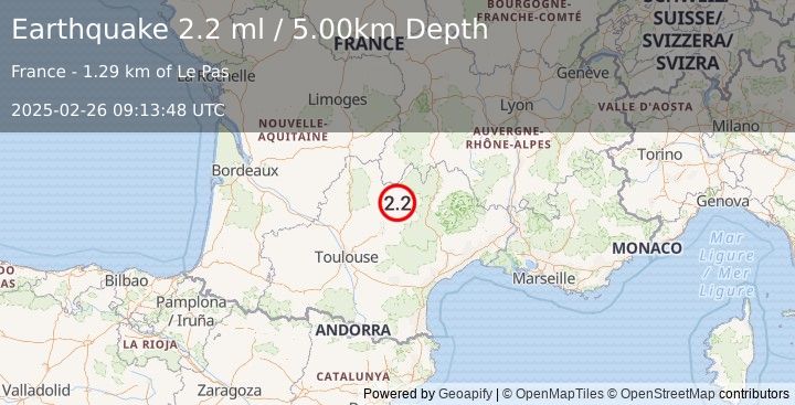 Earthquake FRANCE (2.2 ml) (2025-02-26 09:13:48 UTC)