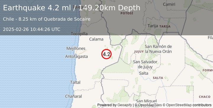 Earthquake ANTOFAGASTA, CHILE (4.2 ml) (2025-02-26 10:44:26 UTC)