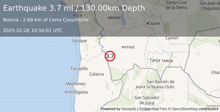 Earthquake POTOSI, BOLIVIA (3.7 ml) (2025-02-26 10:49:59 UTC)