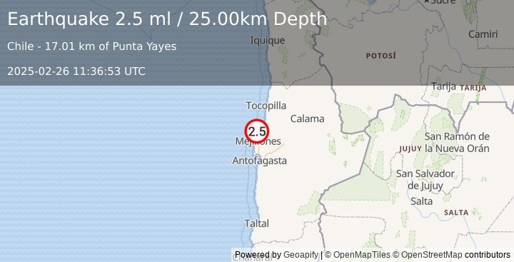 Earthquake OFFSHORE ANTOFAGASTA, CHILE (2.5 ml) (2025-02-26 11:36:53 UTC)