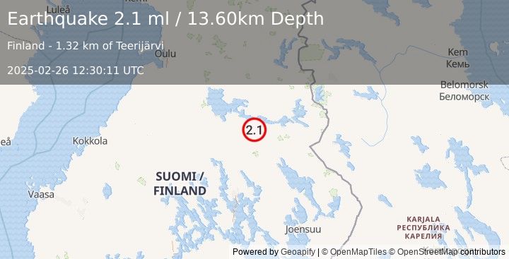 Earthquake FINLAND (2.1 ml) (2025-02-26 12:30:11 UTC)