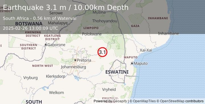 Earthquake SOUTH AFRICA (3.1 m) (2025-02-26 13:00:09 UTC)