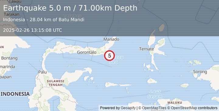 Earthquake MINAHASA, SULAWESI, INDONESIA (5.1 mb) (2025-02-26 13:15:04 UTC)