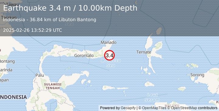 Earthquake MINAHASA, SULAWESI, INDONESIA (3.4 m) (2025-02-26 13:52:29 UTC)