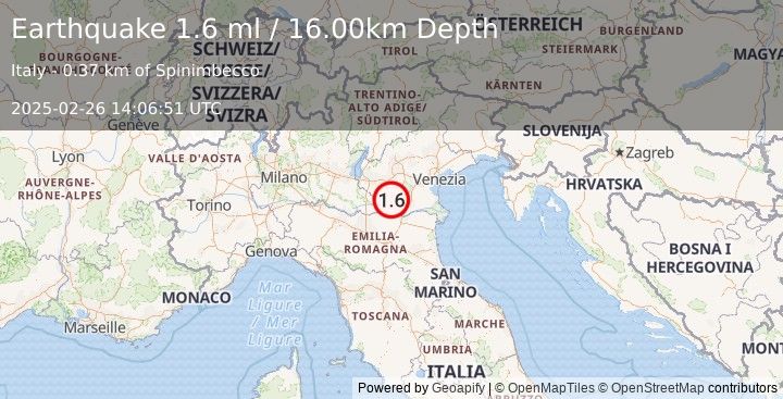 Earthquake NORTHERN ITALY (1.6 ml) (2025-02-26 14:06:51 UTC)