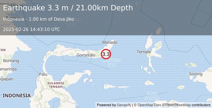 Earthquake MINAHASA, SULAWESI, INDONESIA (3.3 m) (2025-02-26 14:43:10 UTC)