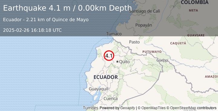 Earthquake NEAR COAST OF ECUADOR (4.1 m) (2025-02-26 16:18:18 UTC)