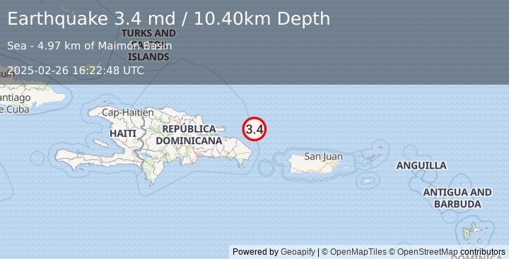 Earthquake DOMINICAN REPUBLIC REGION (3.4 md) (2025-02-26 16:22:48 UTC)