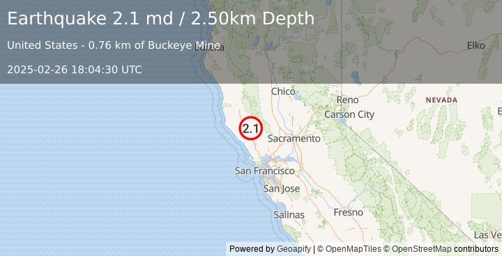 Earthquake NORTHERN CALIFORNIA (2.1 md) (2025-02-26 18:04:30 UTC)