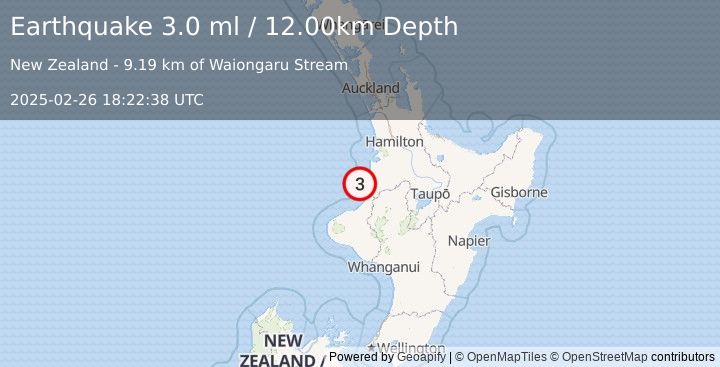 Earthquake NORTH ISLAND OF NEW ZEALAND (3.0 ml) (2025-02-26 18:22:38 UTC)