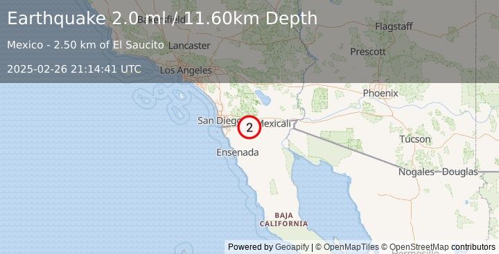 Earthquake BAJA CALIFORNIA, MEXICO (2.0 ml) (2025-02-26 21:14:41 UTC)