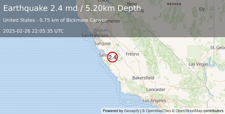 Earthquake CENTRAL CALIFORNIA (2.4 md) (2025-02-26 22:05:35 UTC)